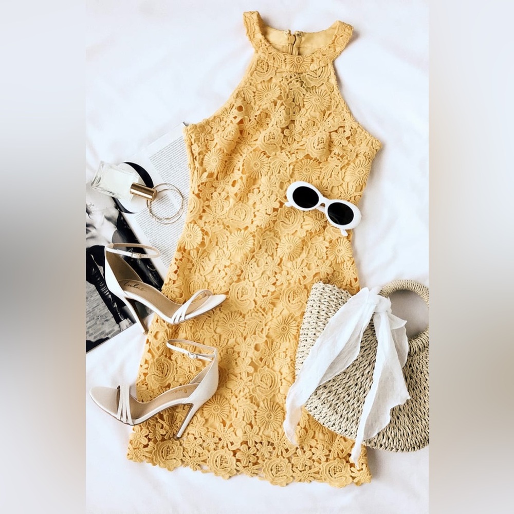 Lulu’s Love Poem Yellow Lace Mini Dress